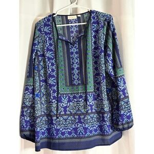 Belle by Kim Gravel Blue Medallion Paisley Tie Neck Tunic Blouse Medium WC0051